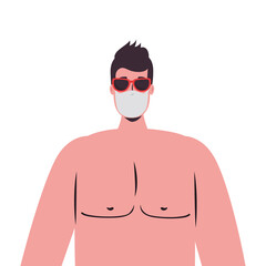 Fototapeta premium Man cartoon with medical mask and glasses design, Summer vacation tropical and covid 19 virus theme Vector illustration