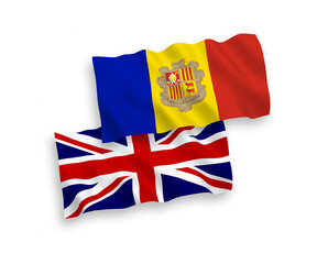 Fototapeta premium National vector fabric wave flags of Great Britain and Andorra isolated on white background. 1 to 2 proportion.