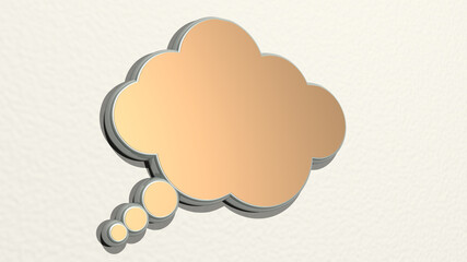 THOUGHT BUBBLE from a perspective on the wall. A thick sculpture made of metallic materials of 3D rendering. illustration and cartoon