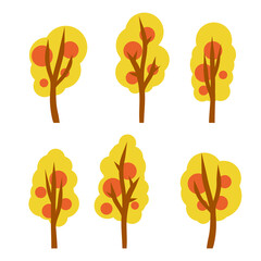 Autumn forest. Trees with red and orange leaves. Bushes and branches on a white background. Set of Element of nature, Park and forest. Cartoon flat illustration