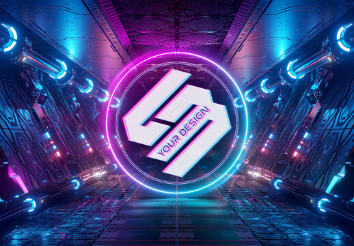 Neon Style Logo in Futuristic Interior Mockup