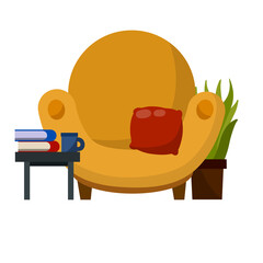 Chair, table with book. Furniture in a cozy room. Brown armchair. Soft seat. place to read and relax. Cartoon flat illustration. Red pillow