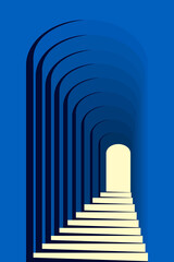 Abstract Blue and Yellow Geometric Pattern with Colonnade. Light and Shadow of Architectural Staircase.. Raster. 3D Illustration