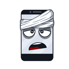 Sick phone. Smartphone with medical bandage on head. Virus and bug. problem with device. Repair and service. Illness sad face on screen. Funny character. Cartoon illustration Eye and mouth.