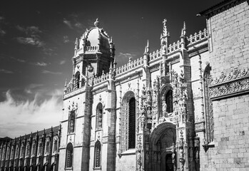 Black and white Mosteiro dos Jeronimos in Lisbon, capital of Portugal, in the Belém district. 