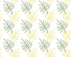 Fototapeta premium Tropical seamless pattern with contour palm tree leaves. Endless texture with beautiful hand drawn leaf green and yellow on a white background. 