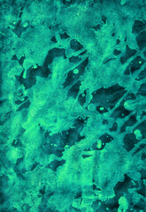 Simple abstract watercolor background. Hand-painted texture emerald cosmos, splashes, drops of paint, paint smears. Design for backgrounds, wallpapers, covers and packaging. 