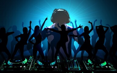 Young dj with headphones with dj equipment and dancing people