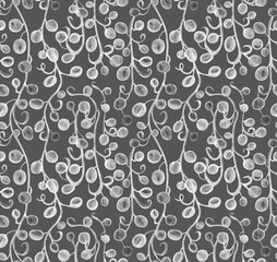 Hanging branches of the plant Senecio herreianus String of Raindrops, watercolor painting. Seamless pattern isolated on grey background. Design for fabric,baby room, packaging,print, wrapping paper.
