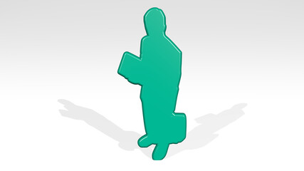 man made by 3D illustration of a shiny metallic sculpture with the shadow on light background