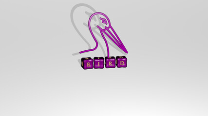 3D illustration of bird graphics and text made by metallic dice letters for the related meanings of the concept and presentations. animal and background