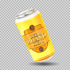 Light beer can template. Vector illustration with light beer can isolated on checkered background. Realistic 3d illustration.