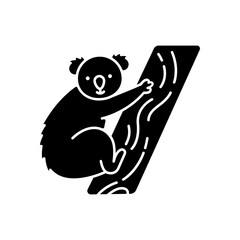 Koala black glyph icon. Cute herbivore animal, australian native fauna, exotic wildlife silhouette symbol on white space. Adorable koala bear sitting on eucalyptus tree vector isolated illustration