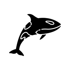 Orca black glyph icon. Dangerous swimming animal, sea life, ocean fauna silhouette symbol on white space. Carnivore aquatic creature, underwater predator. Killer whale vector isolated illustration