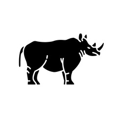 Rhinoceros black glyph icon. Exotic horned animal, african fauna. Tropical zoo mascot, endangered species. Zoology, safari silhouette symbol on white space. Large rhino vector isolated illustration