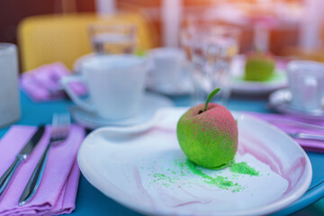 green and pink fresh apple like baked dessert with coffee in cafe in morning