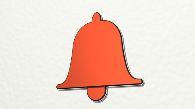 bell on the wall. 3D illustration of metallic sculpture over a white background with mild texture. church and architecture