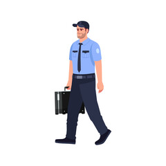 Policeman with briefcase semi flat RGB color vector illustration. Man in uniform carry bag with money. Male cop walk with baggage. Police officer isolated cartoon character on white background