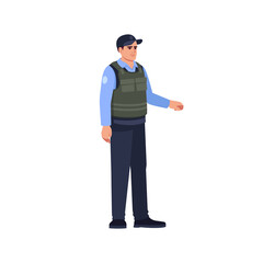 Cop in bulletproof vest semi flat RGB color vector illustration. Security guard. Bank safeguard. Policeman patrol. Police officer stand in uniform isolated cartoon character on white background