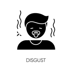Disgust black glyph icon. Feeling of revulsion, strong disapproval and aversion silhouette symbol on white space. Emotional reaction. Disgusted person with yuck face vector isolated illustration