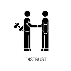 Distrust black glyph icon. Lack of trust, insecurity, betrayal. Negative mindset silhouette symbol on white space. Untrustworthy behaviour. Shaking hands with traitor vector isolated illustration