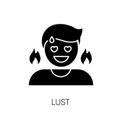 Lust black glyph icon. Passionate affection, strong sexual desire, lewdness silhouette symbol on white space. Concupiscence, emotional reaction. Person feeling aroused vector isolated illustration