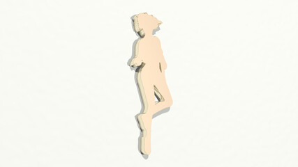 GIRL made by 3D illustration of a shiny metallic sculpture on a wall with light background. beautiful and woman