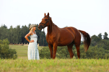 Woman with horse on summer landscape. Pretty horse owner with her pet.