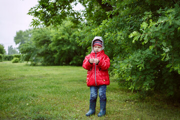 a boy in a red jacket with a hood stands next to an acacia bush, holds a green leaf in his hands, it is raining.
lmage with selective focus