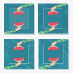 hand holding a slice of tropical watermelon slice. Summer background.