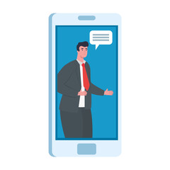 Fototapeta na wymiar Man with bubble in smartphone in video chat design, Call online conference and webcam theme Vector illustration