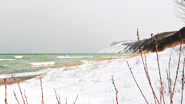 Lakeshore natural environment fresh water winter scene in Michigan.