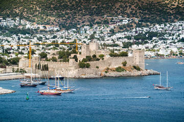Bodrum marina, famous, historical Bodrum Castle and city general view. Mugla TURKEY