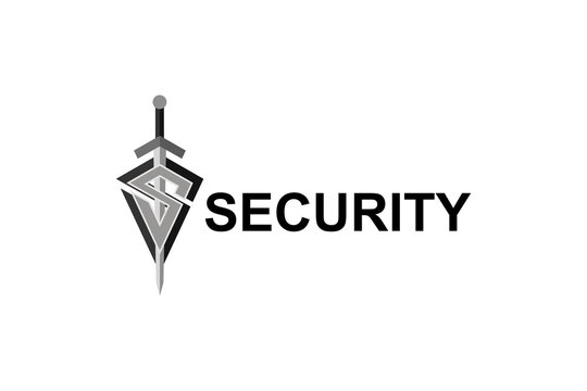 Security company logotype with sword and shield. Protect defense concept icon. Vector illustration