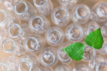 Used sorted for recycling plastic bottles and green tree leaves, the concept of recycling waste, ecology, land pollution on a wooden background. low angle view. banner