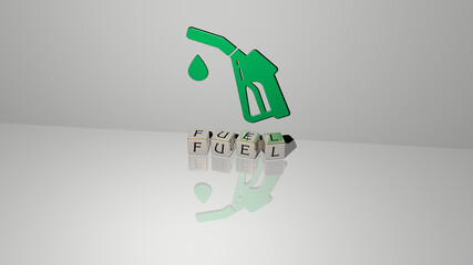 3D representation of FUEL with icon on the wall and text arranged by metallic cubic letters on a mirror floor for concept meaning and slideshow presentation. illustration and energy