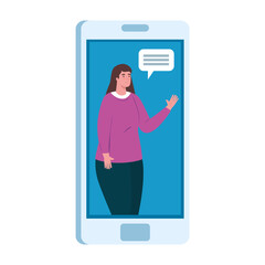 Woman with bubble in smartphone in video chat design, Call online conference and webcam theme Vector illustration