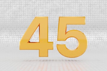 Yellow 3d number 45. Glossy yellow metallic number on metal floor background. Shiny gold metal alphabet with studio light reflections. 3d rendered font character.
