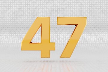 Yellow 3d number 47. Glossy yellow metallic number on metal floor background. Shiny gold metal alphabet with studio light reflections. 3d rendered font character.