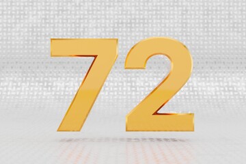 Yellow 3d number 72. Glossy yellow metallic number on metal floor background. Shiny gold metal alphabet with studio light reflections. 3d rendered font character.