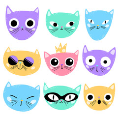 Illustration of cute cartoon cats faces isolated on white background. Multi-colored cats emotions in a primitive style.
