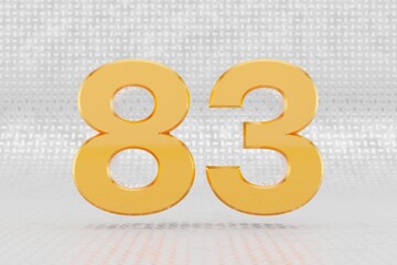 Yellow 3d number 83. Glossy yellow metallic number on metal floor background. Shiny gold metal alphabet with studio light reflections. 3d rendered font character.