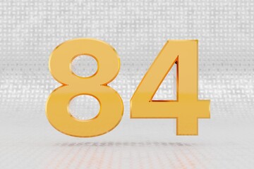 Yellow 3d number 84. Glossy yellow metallic number on metal floor background. Shiny gold metal alphabet with studio light reflections. 3d rendered font character.