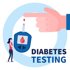 Human hand with blood drop and blood glucose testing meter. Tiny doctor woman holding glucometer for diabetes testing. Flat vector concept of monitoring, diagnostic, treatment of diabetes mellitus.