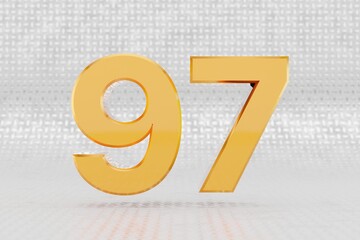 Yellow 3d number 97. Glossy yellow metallic number on metal floor background. Shiny gold metal alphabet with studio light reflections. 3d rendered font character.