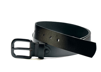 leather black male belt on white background