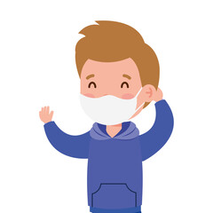 cute boy wearing medical mask to prevent coronavirus covid 19 on white background vector illustration design