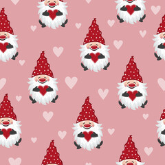 Valentines day seamless pattern with cute gnomes and hearts