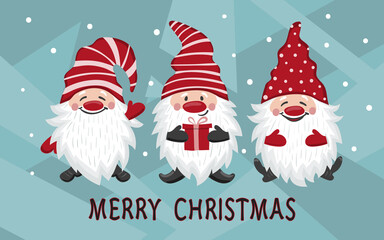Fototapeta na wymiar Greeting Christmas card with little cute gnomes. Vector holiday illustration