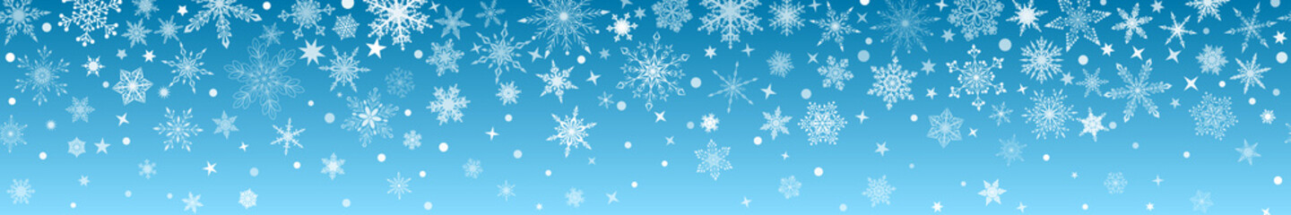 Fototapeta na wymiar Christmas banner of various complex big and small snowflakes with horizontal seamless repetition, white on light blue background
